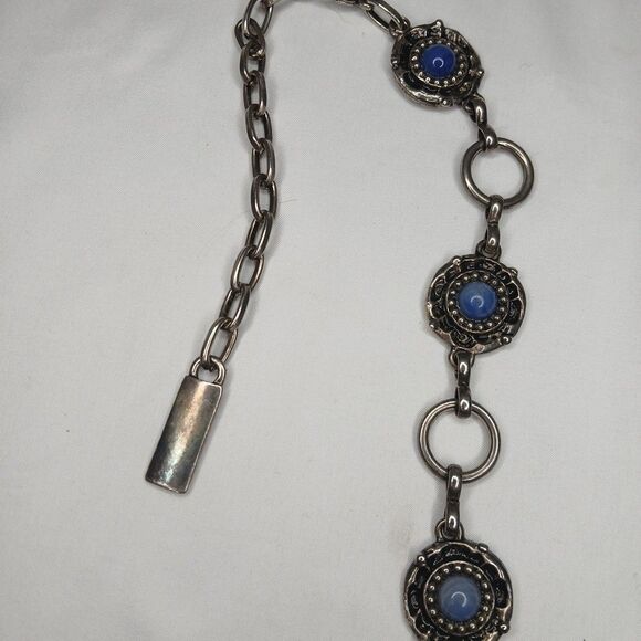 Gypsy Boho 80s Runway Statement Belt Silver Metal Discs Blue Stones 29-40" Waist - Picture 2 of 6